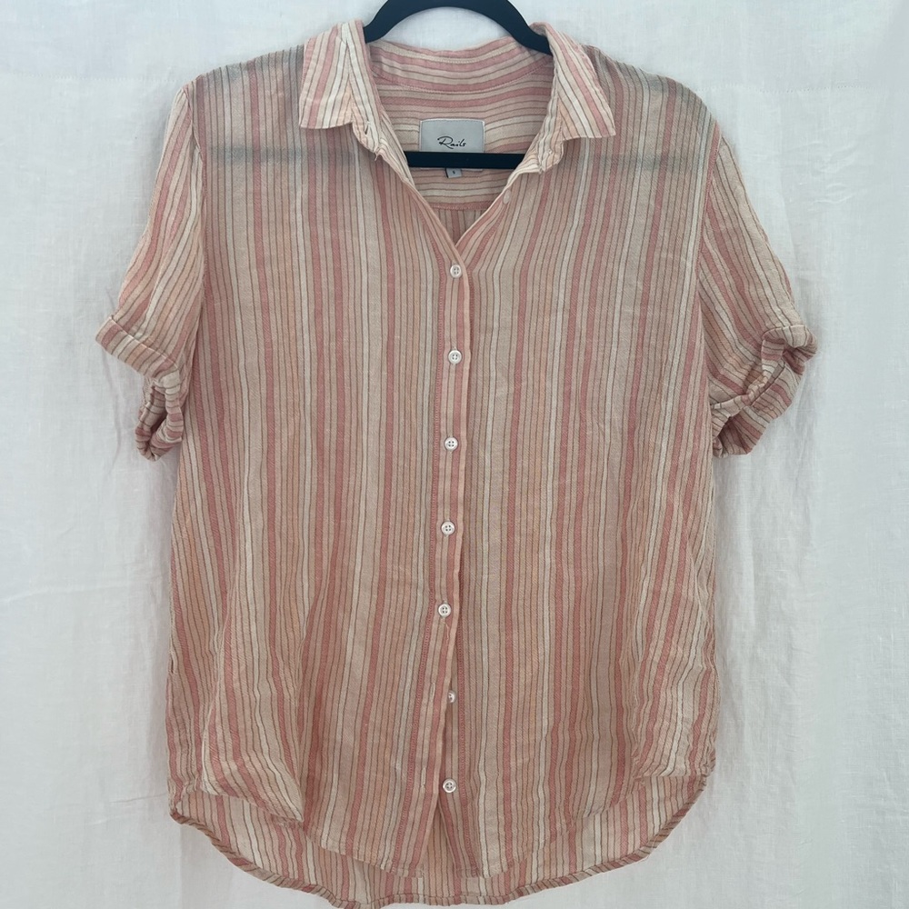 Rails Linen Striped Short Sleeve Button-Up Top